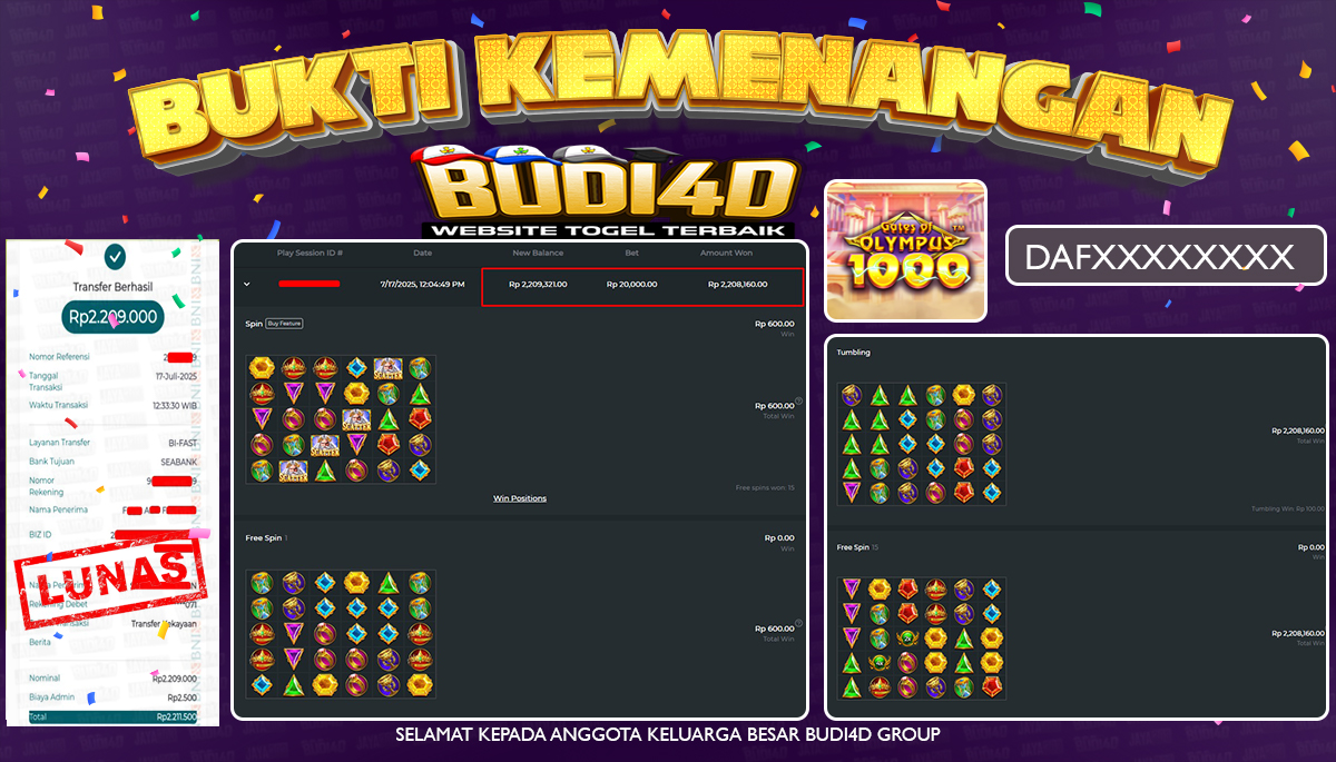 BUDI4D JACKPOT SLOT PRAGMATIC GATES OF OLYMPUPS 1000 Rp.2.209.000,- LUNAS